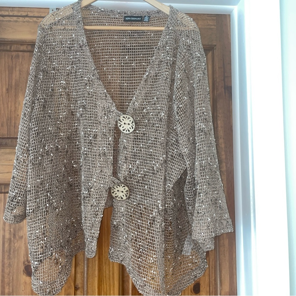 Nina Leonard Sweater Womens 3X Open Knit Button Cardigan Boho Artsy Lagenlook